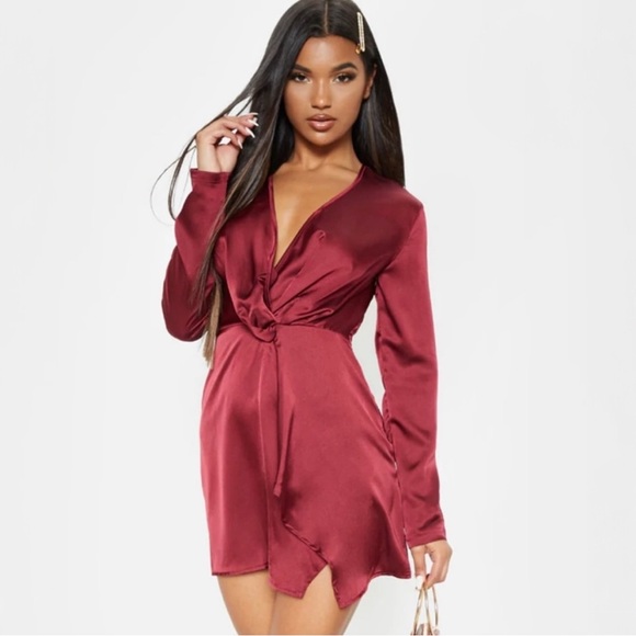 PrettyLittleThing Burgundy Satin Wrap Mini Dress Long Sleeve Size 8 - Picture 14 of 15